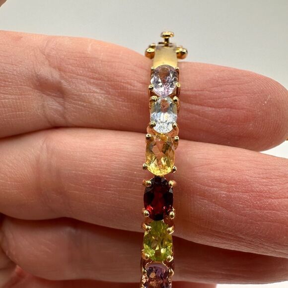 SALE! VTG Multi-gemstone cuff bracelet in gold tone over stamped .925! - Picture 6 of 7